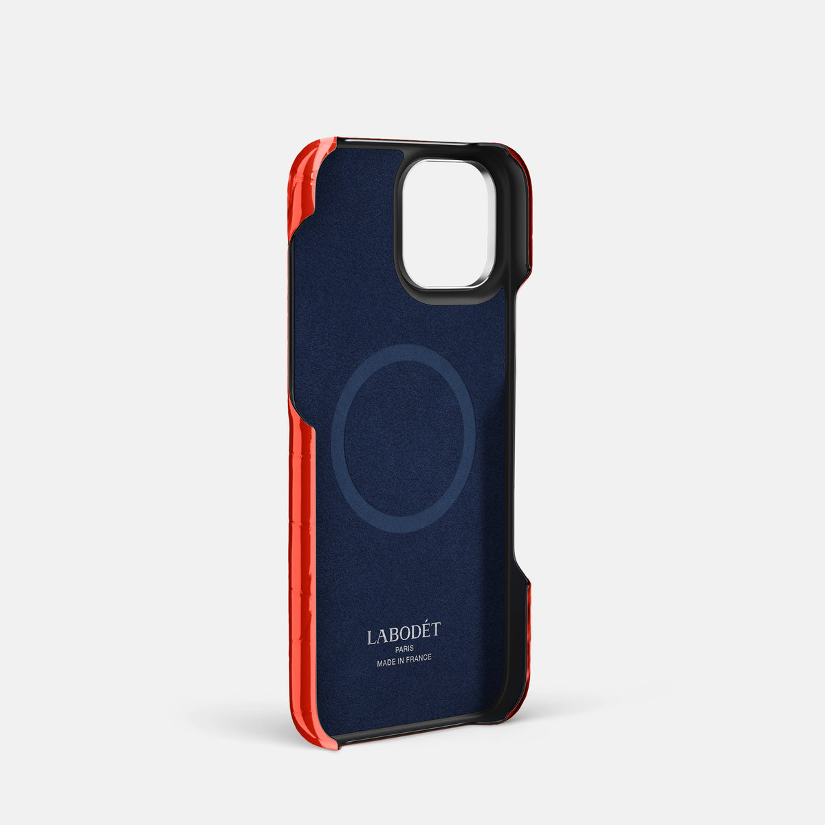 Coral-Orange iPhone 16 Pro Double Card Case Shiny Alligator with Steel Metal -4 | Coral-Orange-Steel