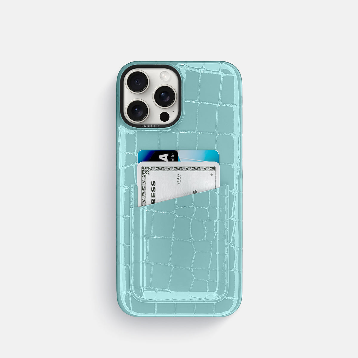 Light Blue iPhone 16 Pro Double Card Case Shiny Alligator with Black Metal -1 | Light-Blue-Black