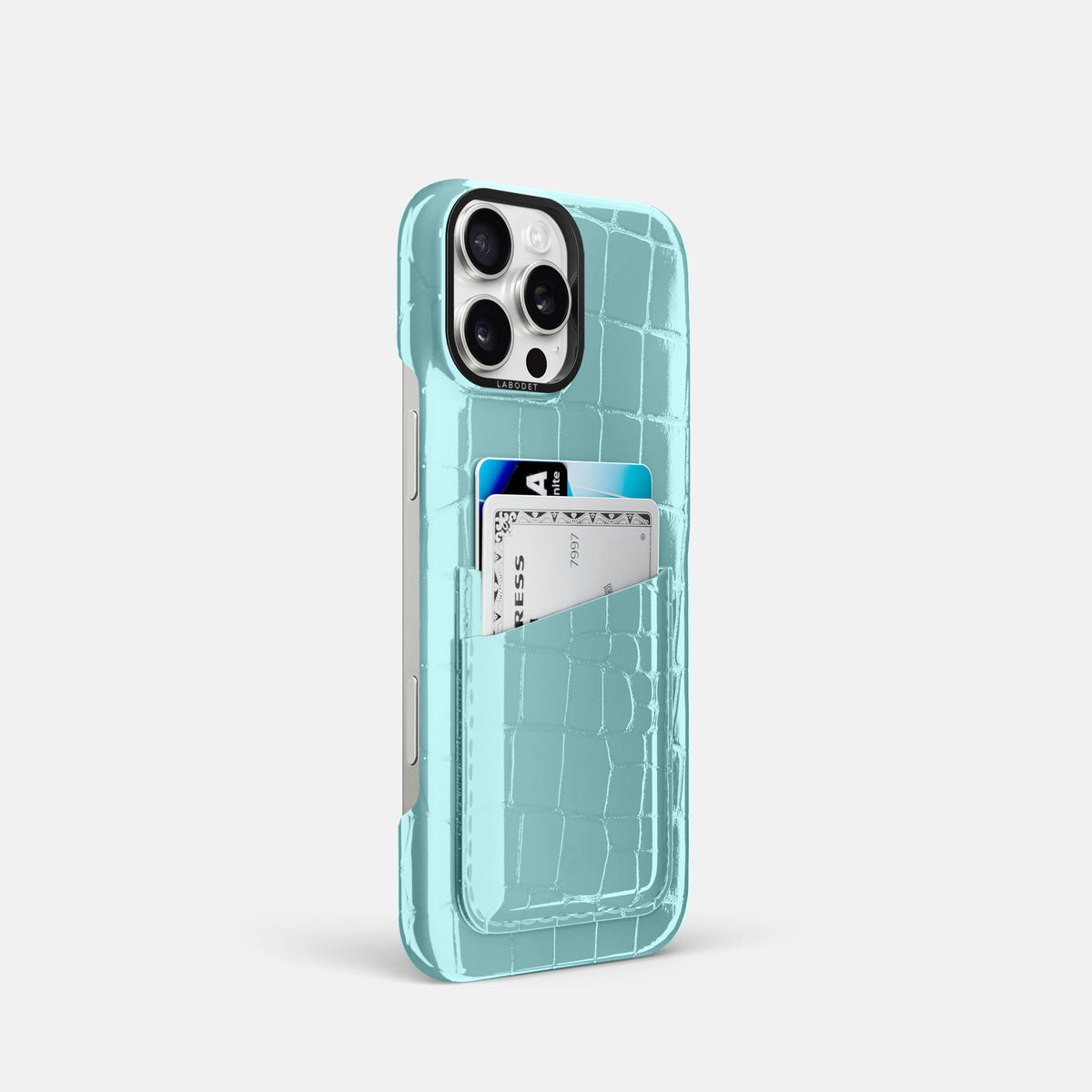 Light Blue iPhone 16 Pro Double Card Case Shiny Alligator with Black Metal -2 | Light-Blue-Black