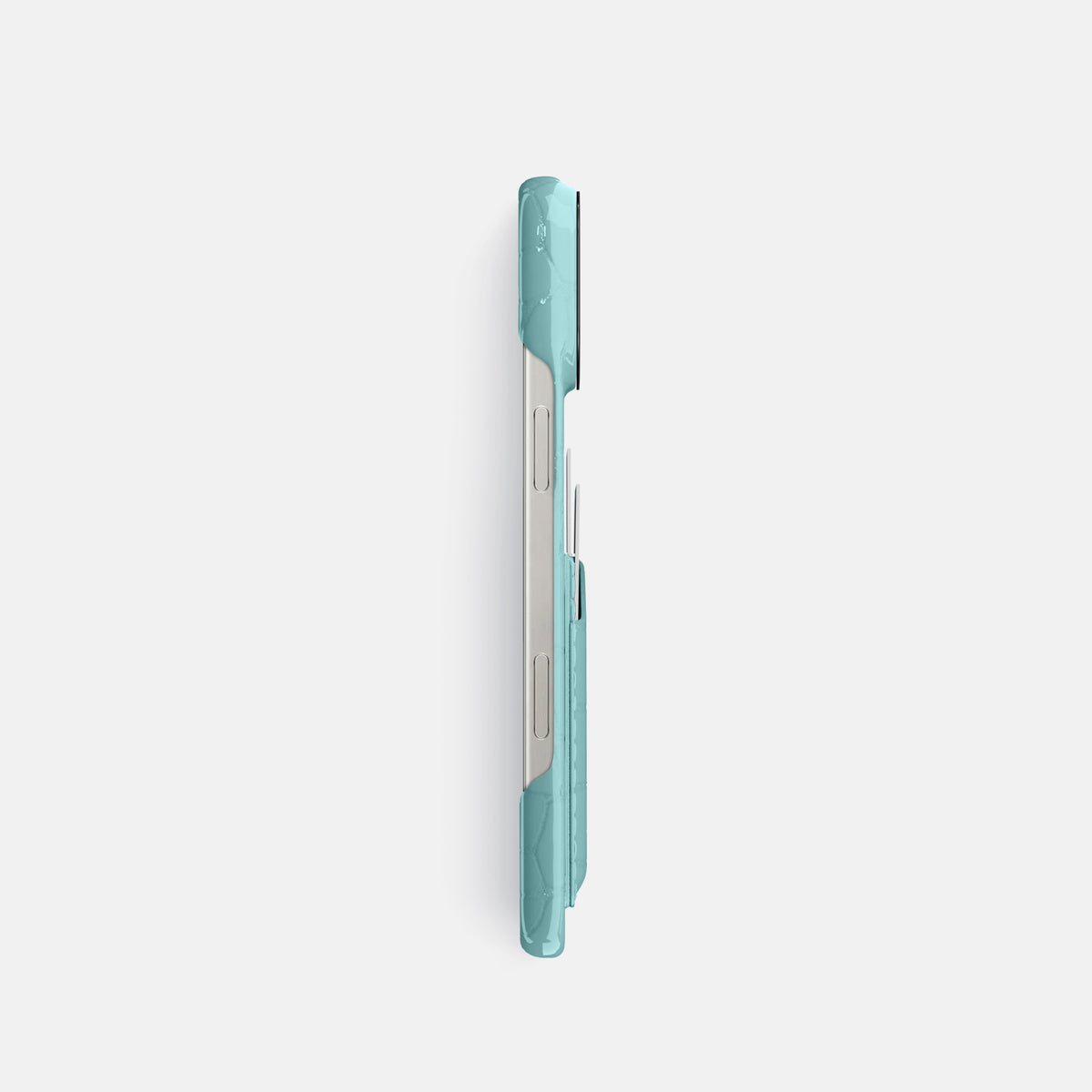Light Blue iPhone 16 Pro Double Card Case Shiny Alligator with Black Metal -3 | Light-Blue-Black