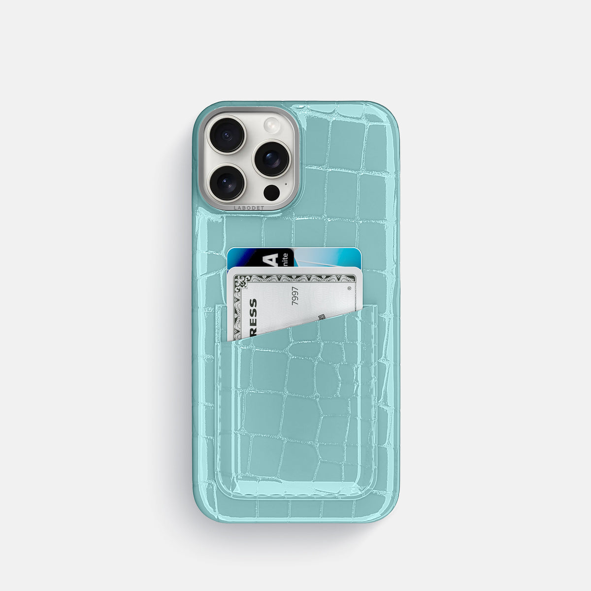 Light Blue iPhone 16 Pro Double Card Case Shiny Alligator with Steel Metal -1 | Light-Blue-Steel