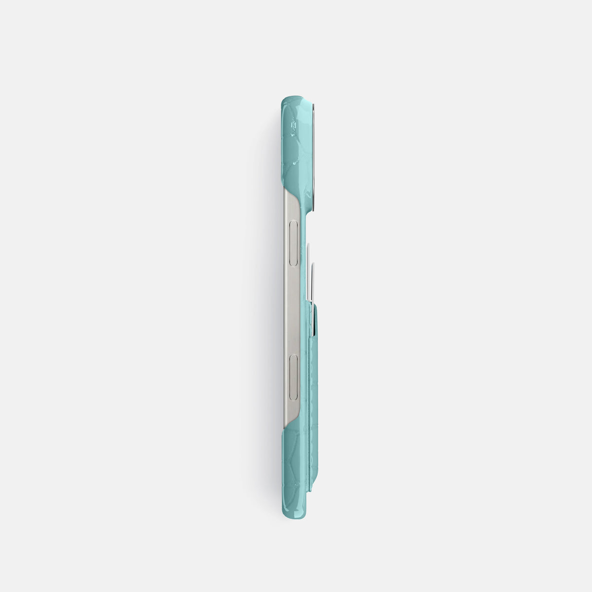 Light Blue iPhone 16 Pro Double Card Case Shiny Alligator with Steel Metal -3 | Light-Blue-Steel