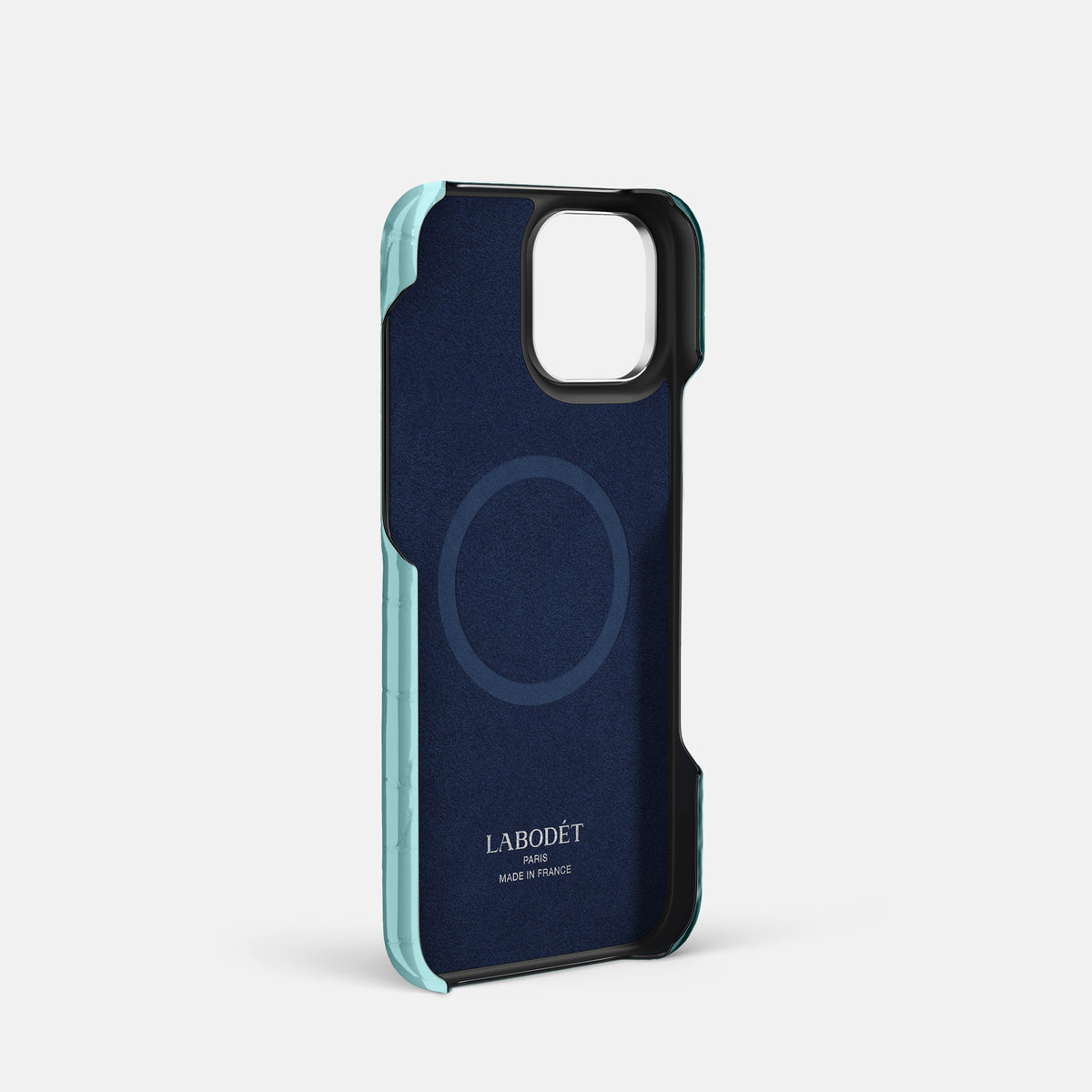 Light Blue iPhone 16 Pro Double Card Case Shiny Alligator with Steel Metal -4 | Light-Blue-Steel