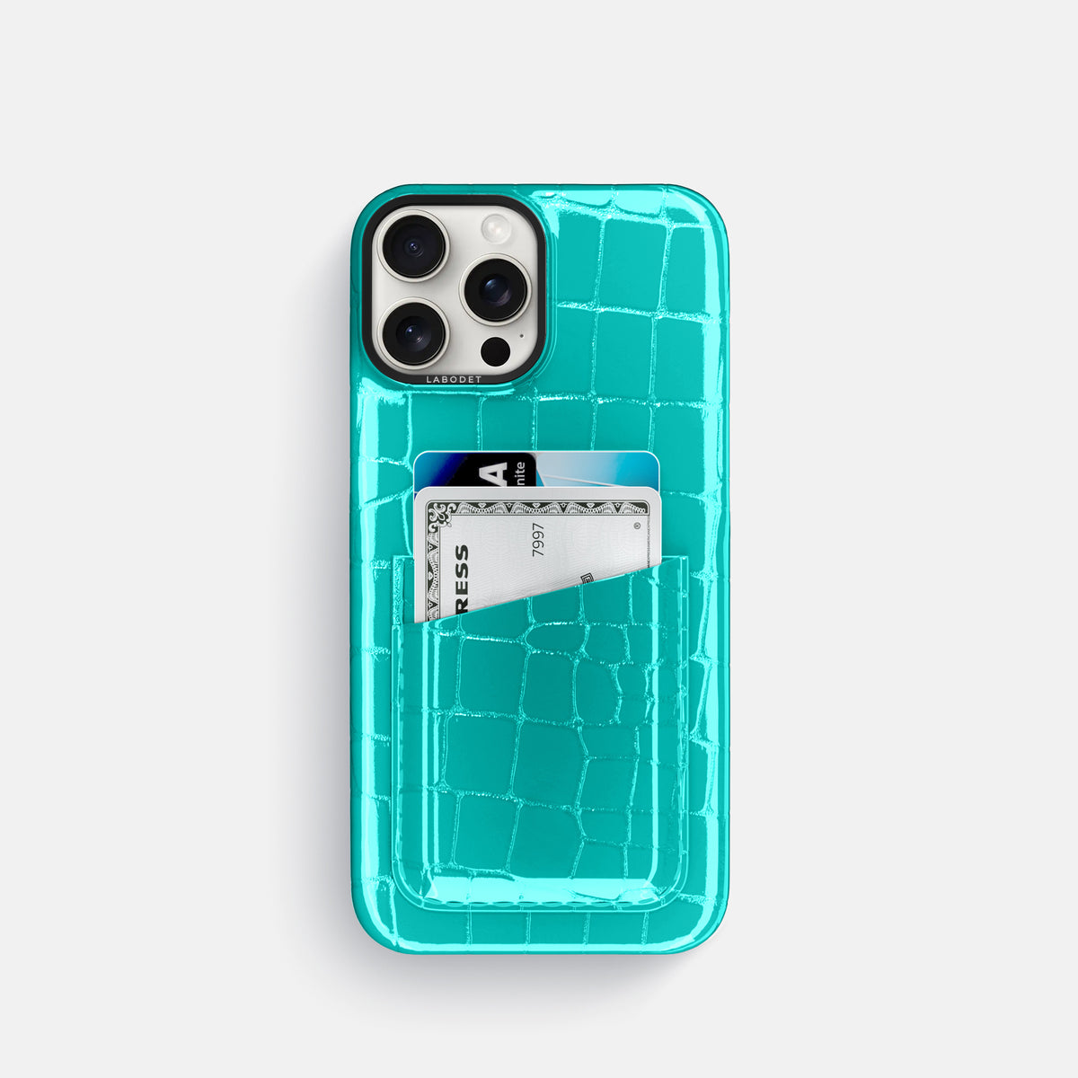 Mint iPhone 16 Pro Double Card Case Shiny Alligator with Black Metal -1 | Mint-Black