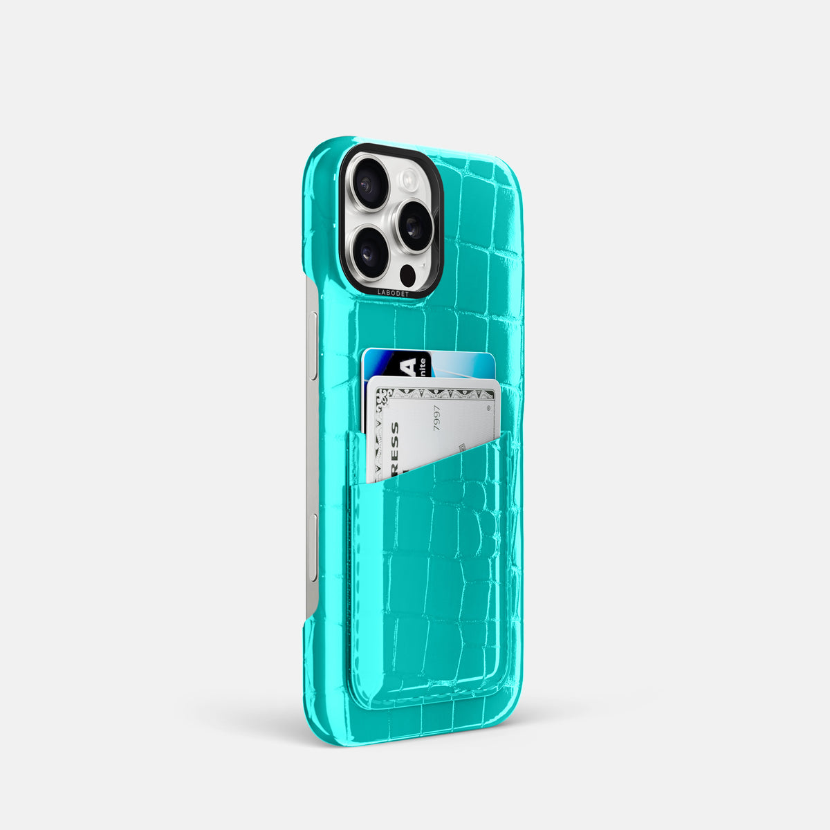 Mint iPhone 16 Pro Double Card Case Shiny Alligator with Black Metal -2 | Mint-Black