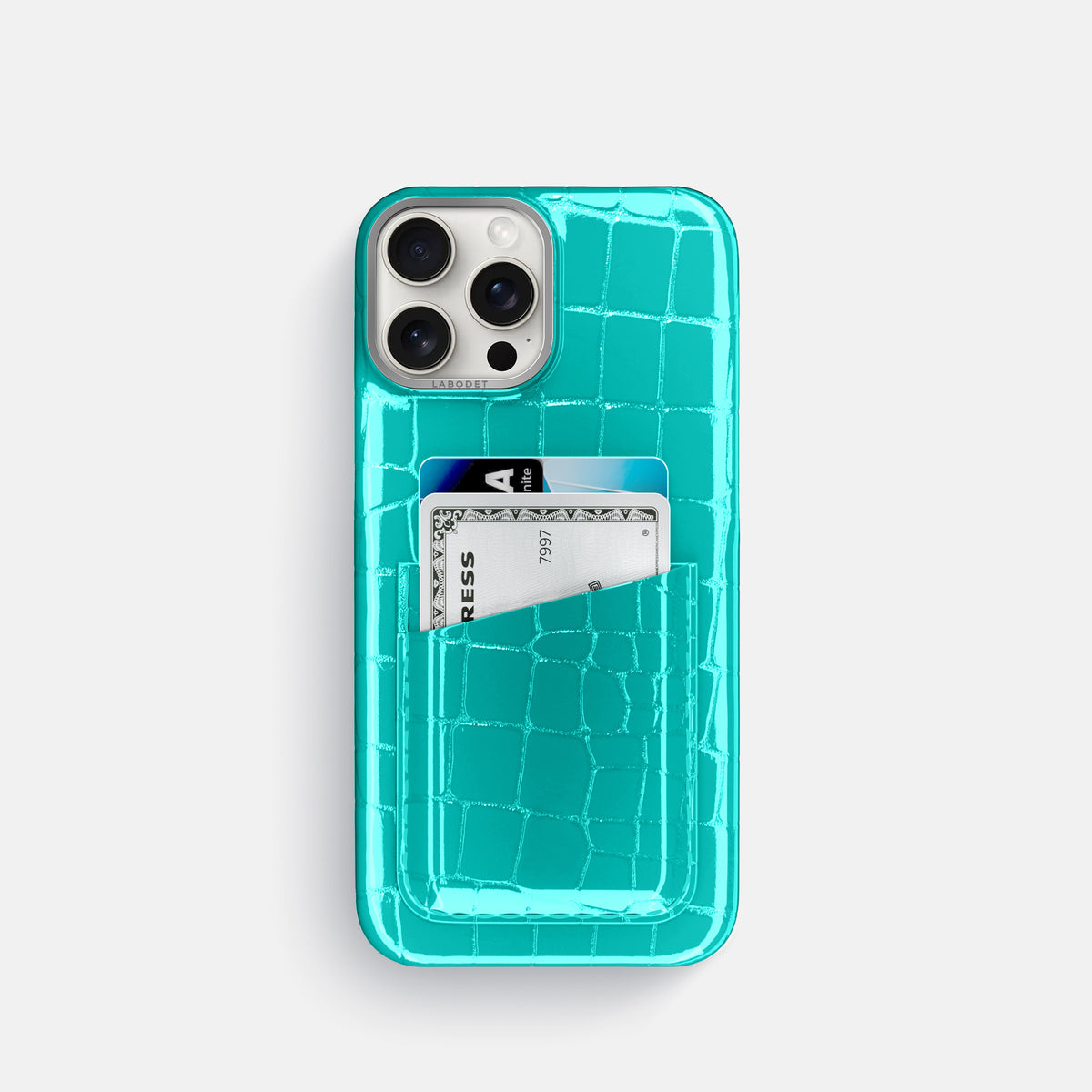 Mint iPhone 16 Pro Double Card Case Shiny Alligator with Steel Metal -1 | Mint-Steel
