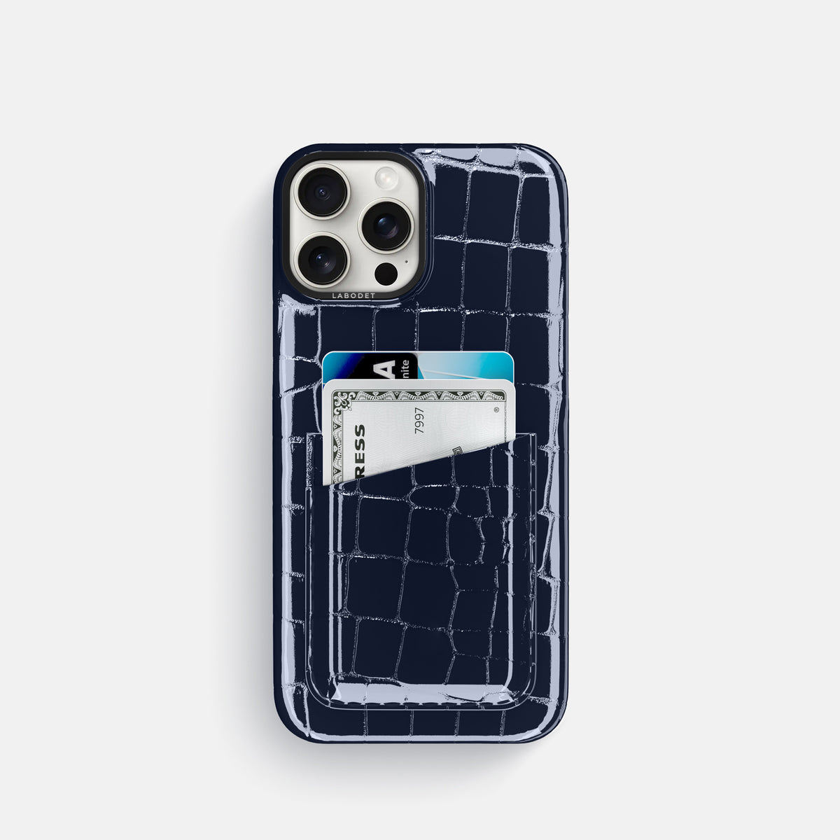 Navy-Blue iPhone 16 Pro Double Card Case Shiny Alligator with Black Metal -1 | Navy-Blue-Black