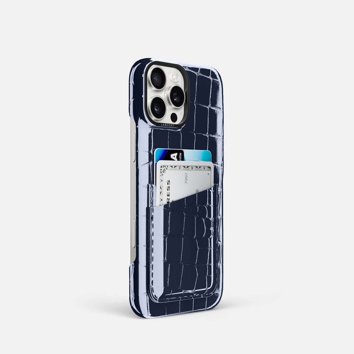 Navy-Blue iPhone 16 Pro Double Card Case Shiny Alligator with Black Metal -2 | Navy-Blue-Black