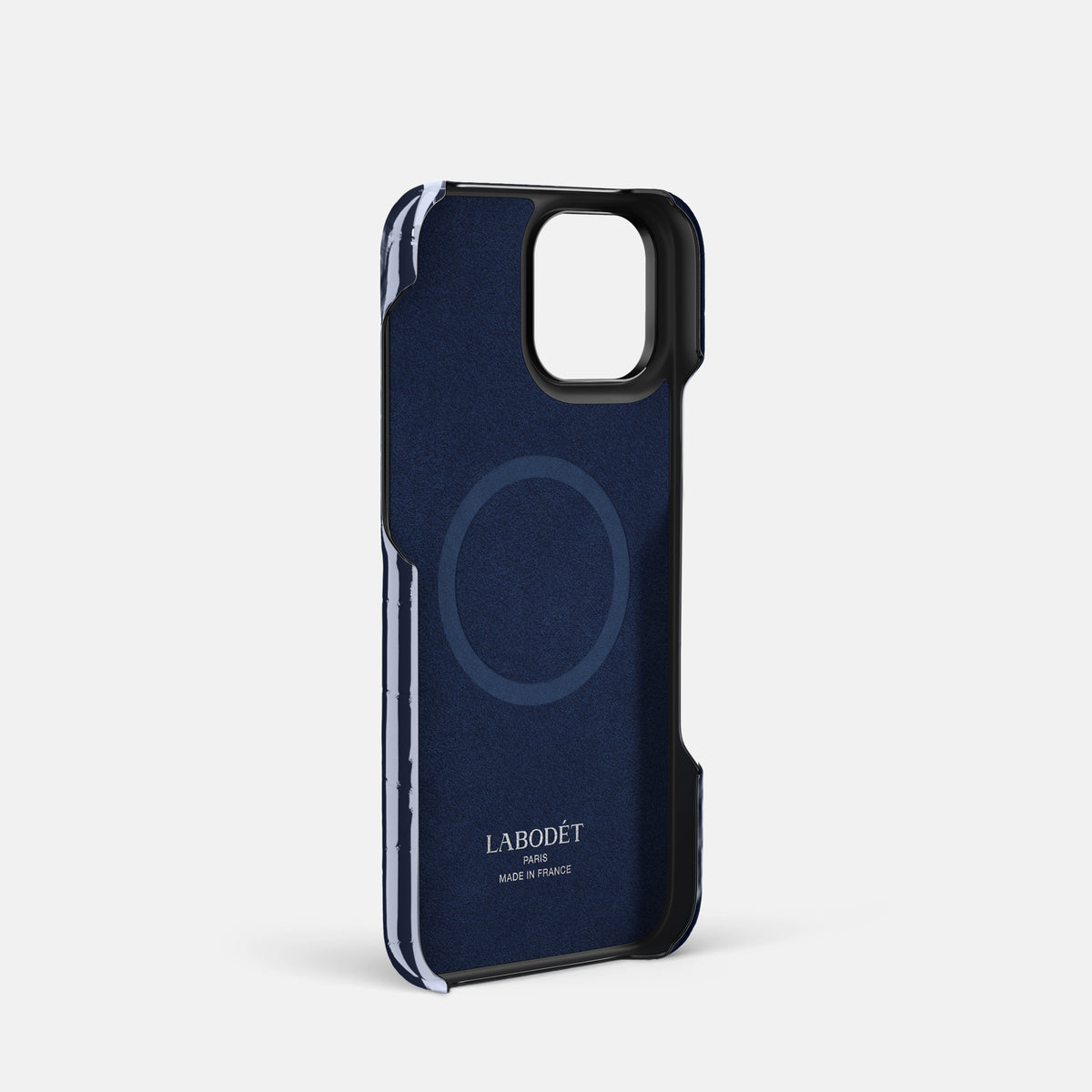 Navy-Blue iPhone 16 Pro Double Card Case Shiny Alligator with Black Metal -4 | Navy-Blue-Black