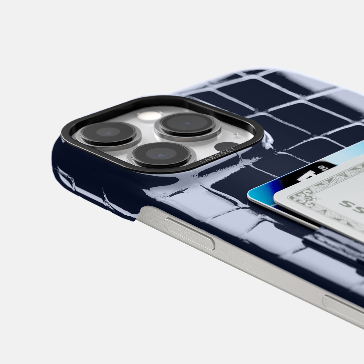 Navy-Blue iPhone 16 Pro Double Card Case Shiny Alligator with Black Metal -5 | Navy-Blue-Black