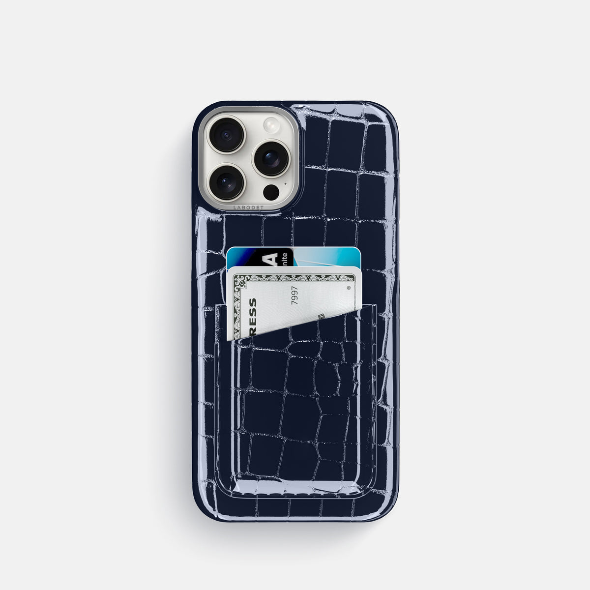Navy-Blue iPhone 16 Pro Double Card Case Shiny Alligator with Steel Metal -1 | Navy-Blue-Steel