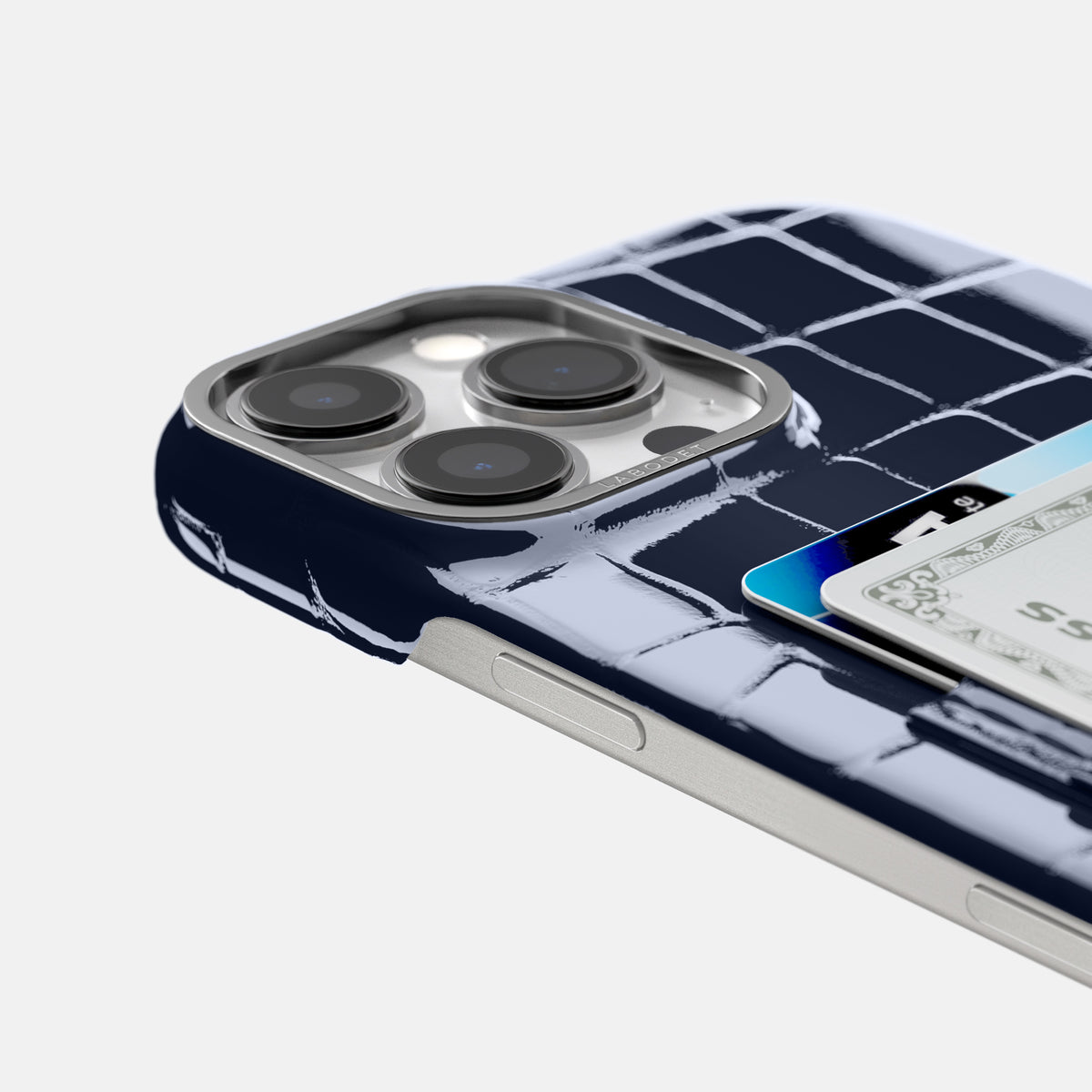 Navy-Blue iPhone 16 Pro Double Card Case Shiny Alligator with Steel Metal -5 | Navy-Blue-Steel
