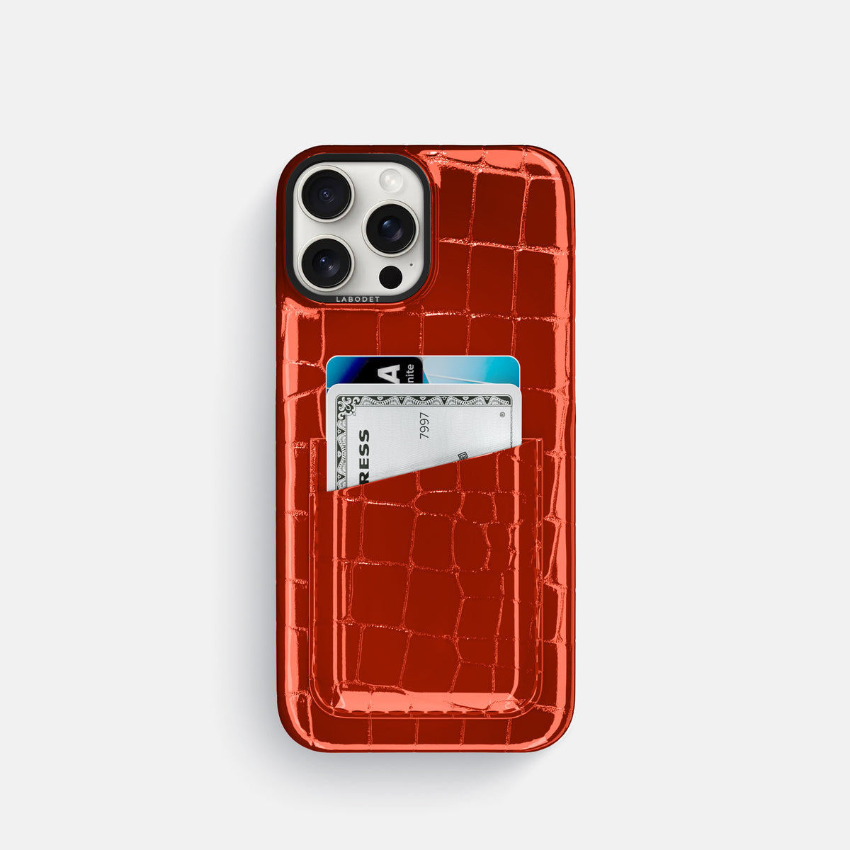 Orange iPhone 16 Pro Double Card Case Shiny Alligator with Black Metal -1 | Orange-Black