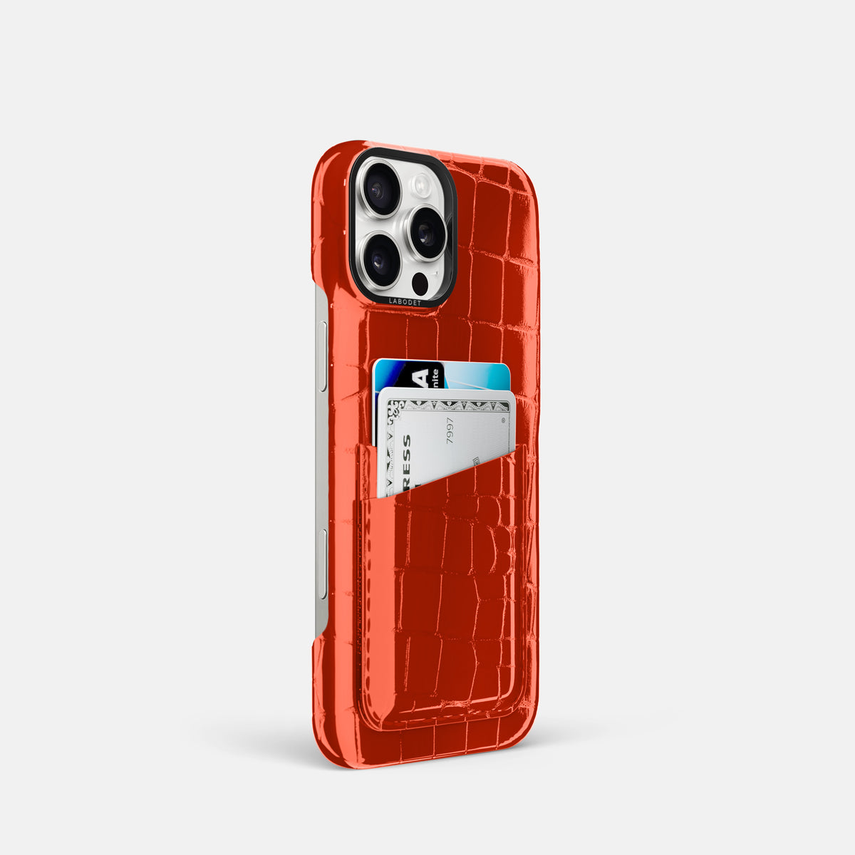 Orange iPhone 16 Pro Double Card Case Shiny Alligator with Black Metal -2 | Orange-Black