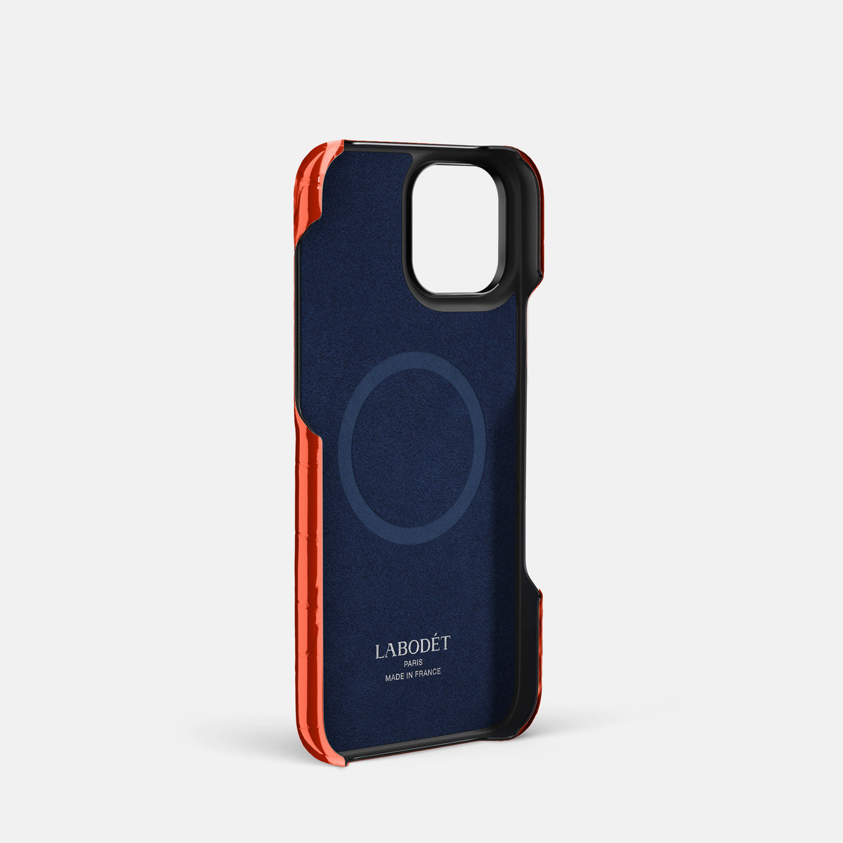 Orange iPhone 16 Pro Double Card Case Shiny Alligator with Black Metal -4 | Orange-Black