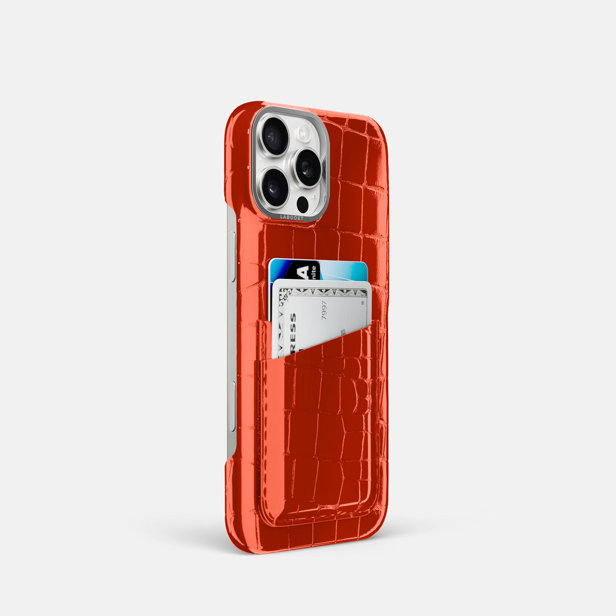 Orange iPhone 16 Pro Double Card Case Shiny Alligator with Steel Metal -2 | Orange-Steel