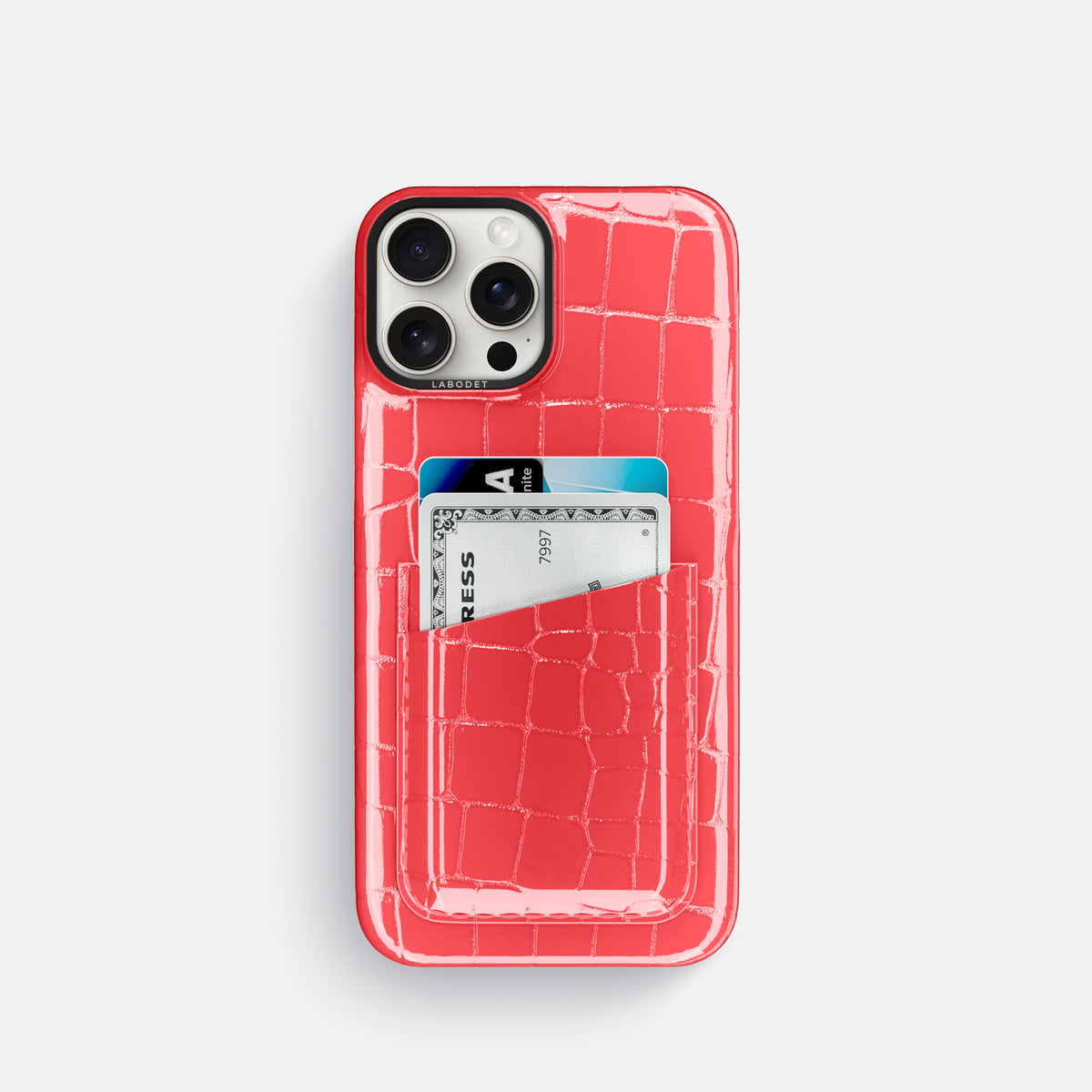 Papaya iPhone 16 Pro Double Card Case Shiny Alligator with Black Metal -1 | Papaya-Black