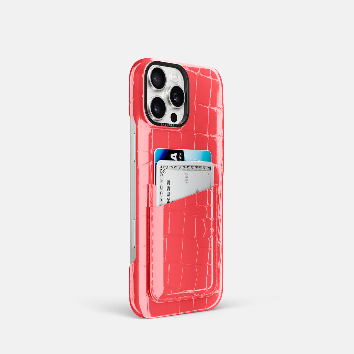 Papaya iPhone 16 Pro Double Card Case Shiny Alligator with Black Metal -2 | Papaya-Black