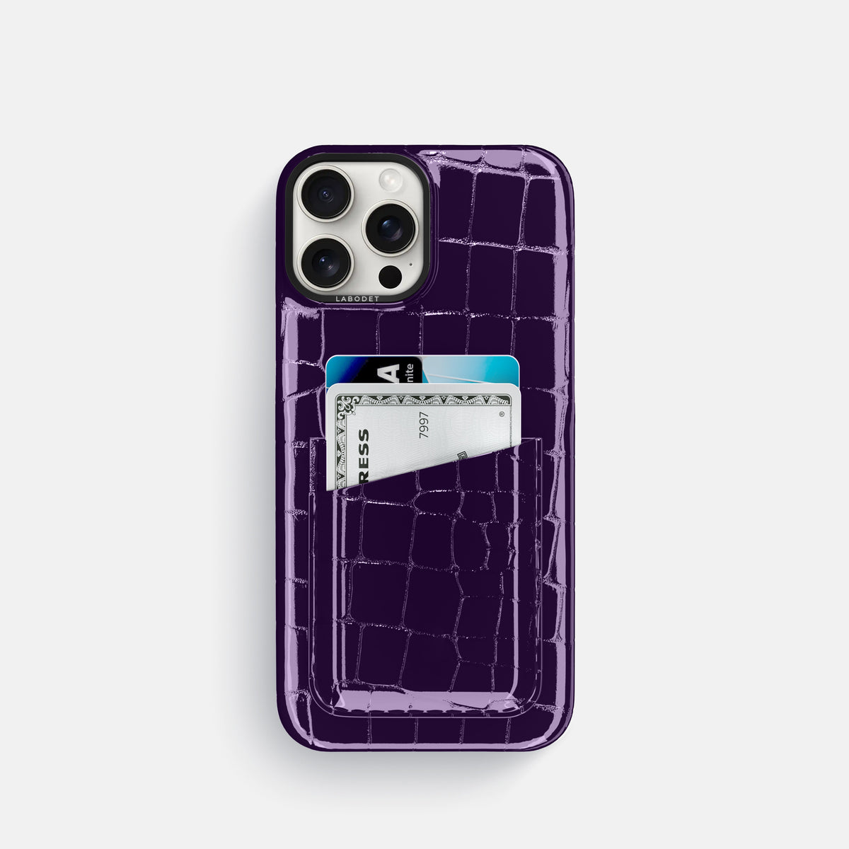 Purple iPhone 16 Pro Double Card Case Shiny Alligator with Black Metal -1 | Purple-Black