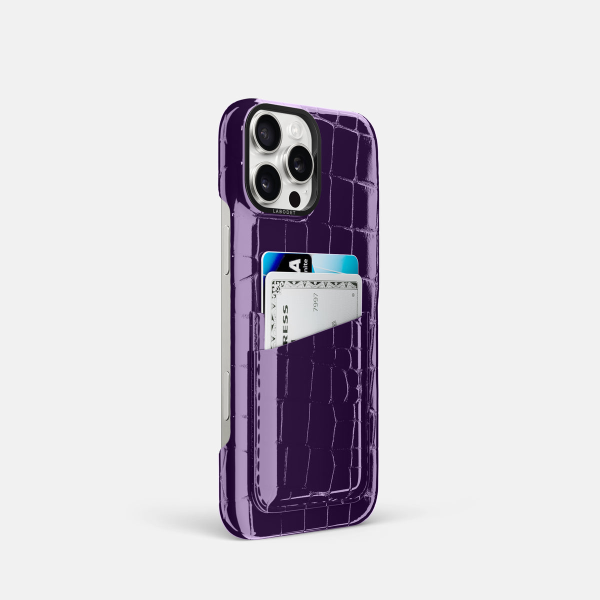 Purple iPhone 16 Pro Double Card Case Shiny Alligator with Black Metal -2 | Purple-Black