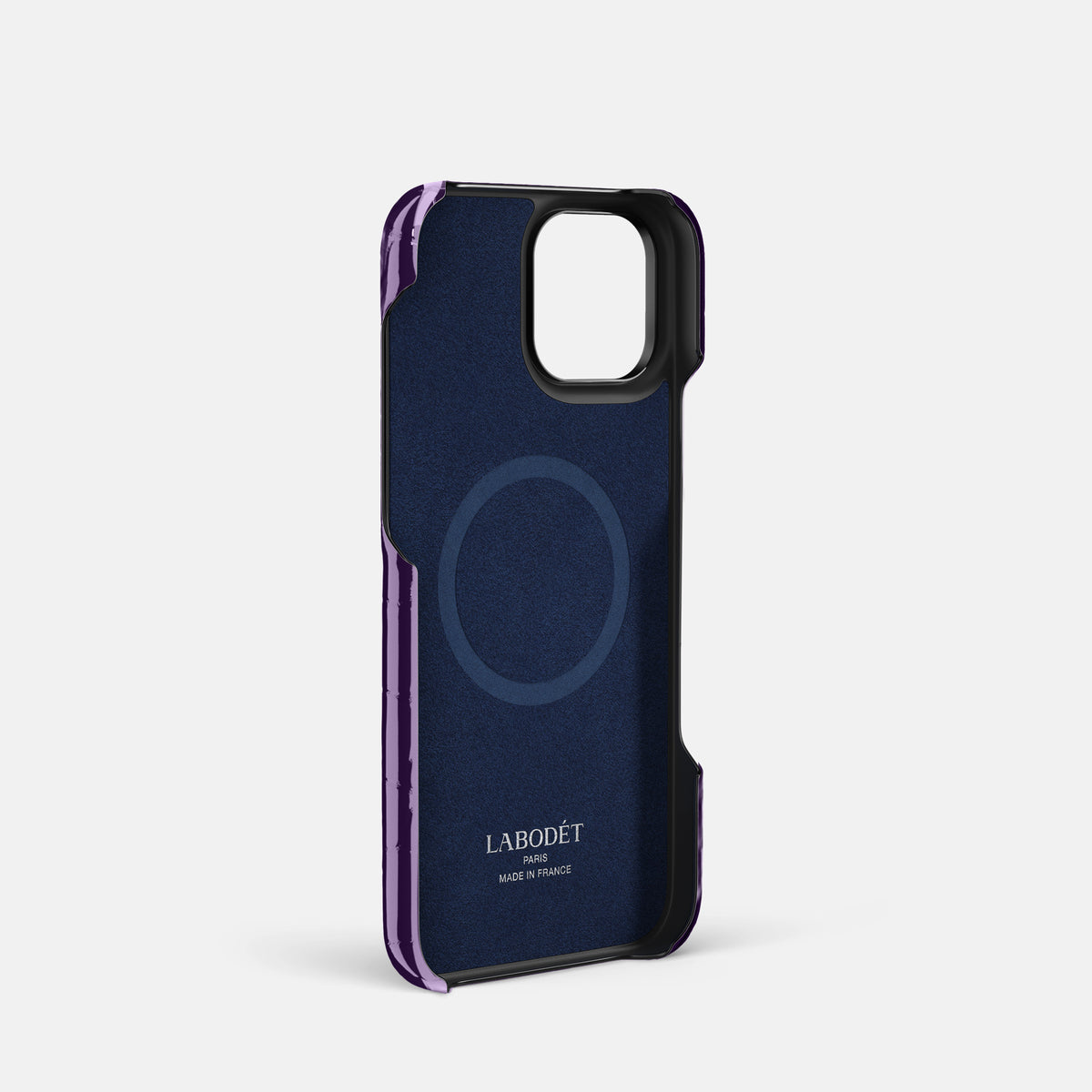 Purple iPhone 16 Pro Double Card Case Shiny Alligator with Black Metal -4 | Purple-Black