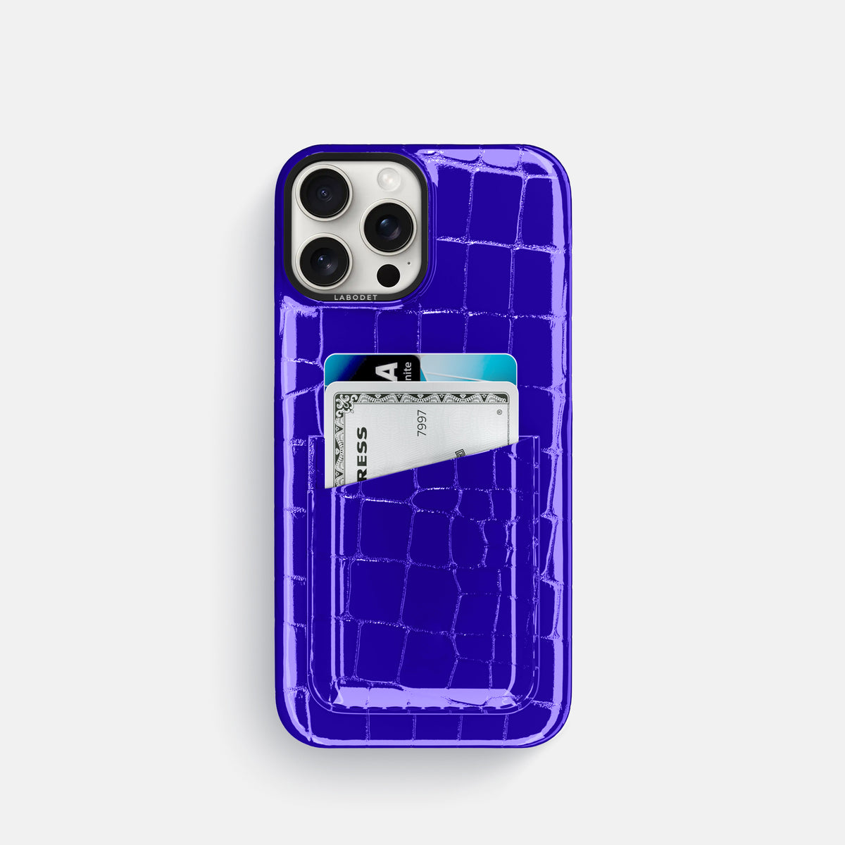 Royal Blue iPhone 16 Pro Double Card Case Shiny Alligator with Black Metal -1 | Royal-Blue-Black