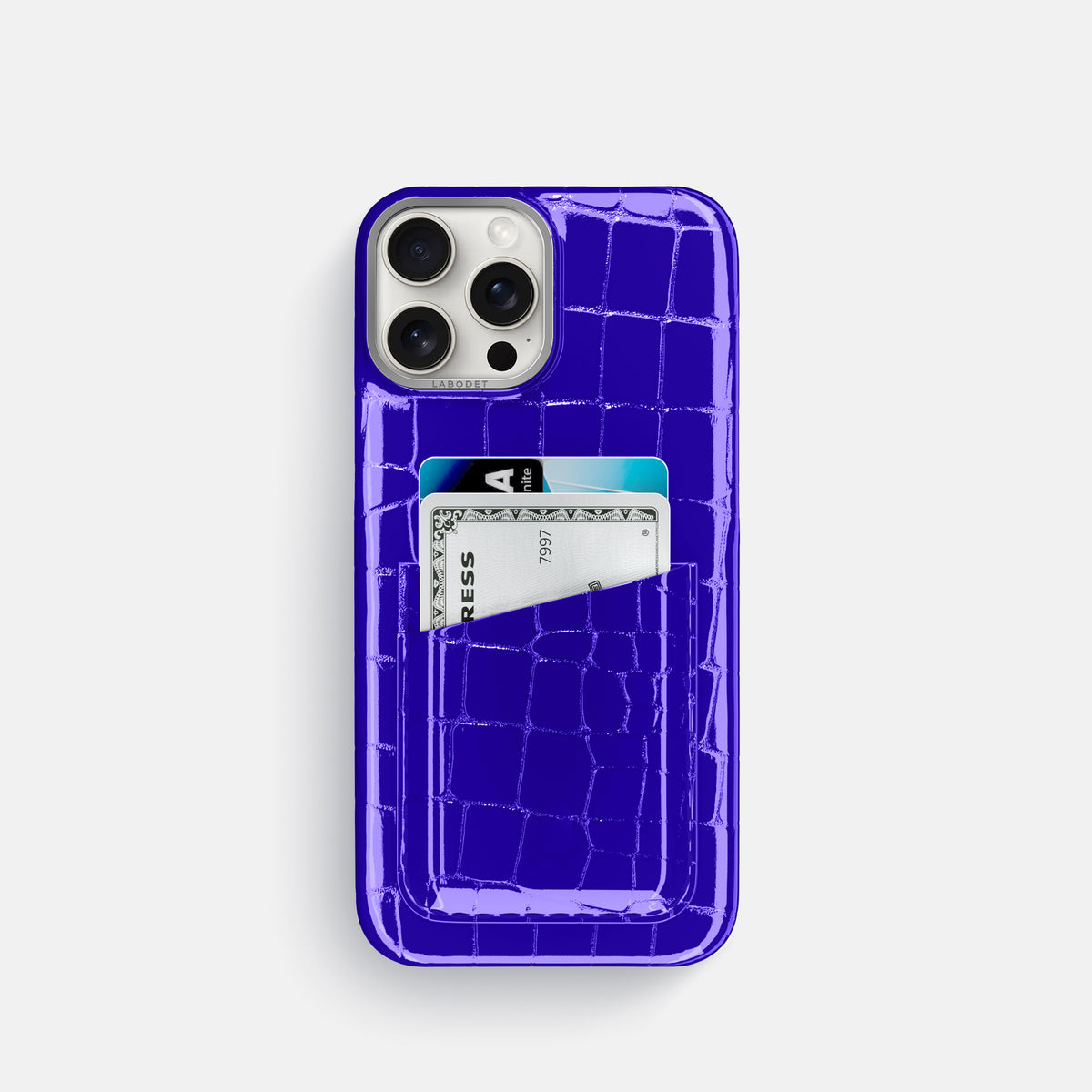 Royal Blue iPhone 16 Pro Double Card Case Shiny Alligator with Steel Metal -1 | Royal-Blue-Steel