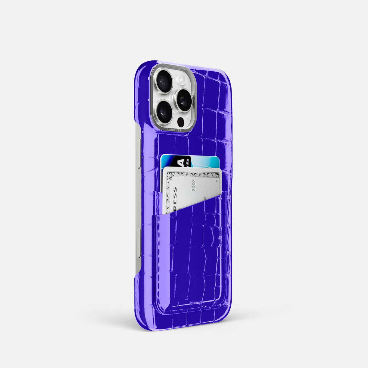 Royal Blue iPhone 16 Pro Double Card Case Shiny Alligator with Steel Metal -2 | Royal-Blue-Steel