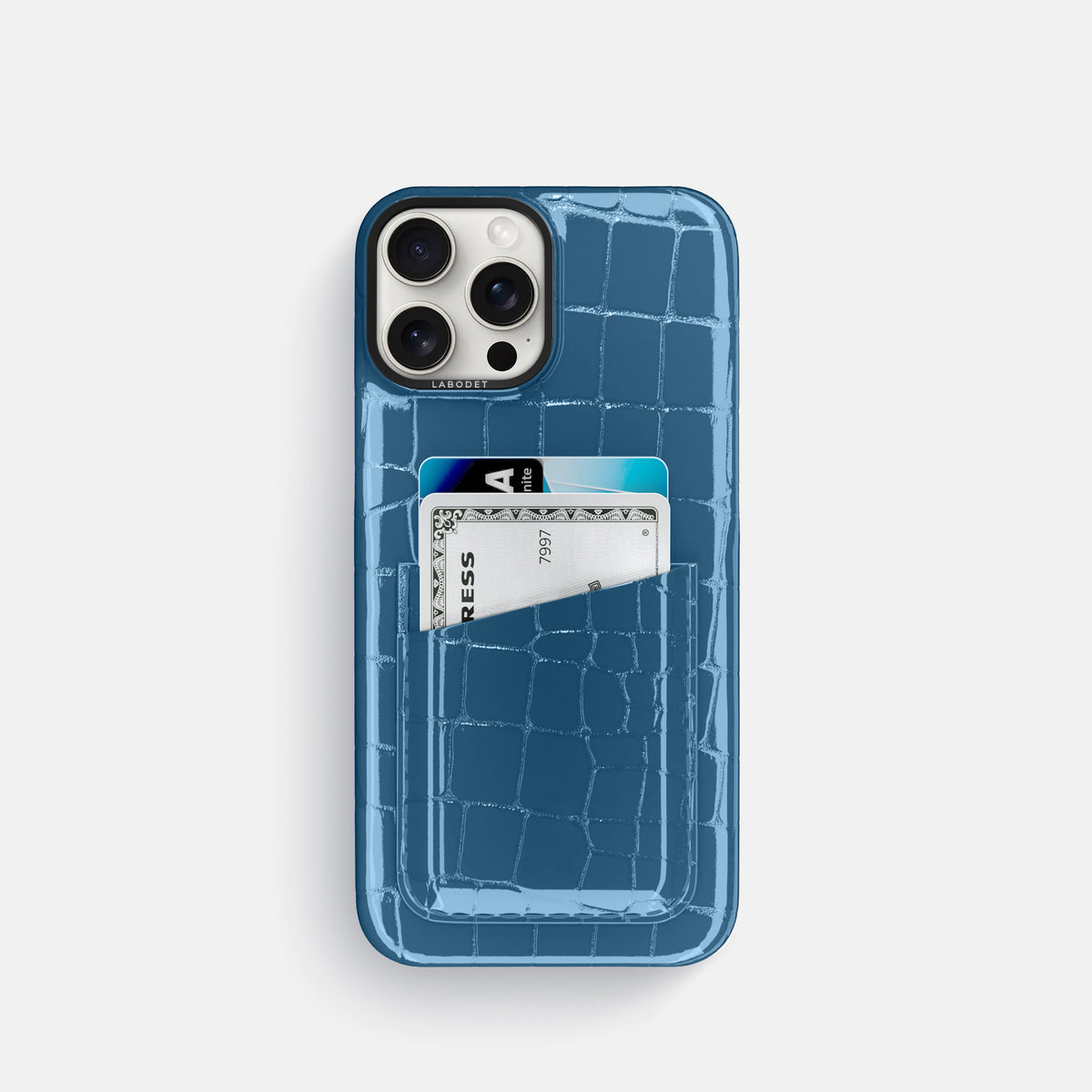 turqoise-blue iPhone 16 Pro Double Card Case Shiny Alligator with Black Metal -1 | turqoise-blue-Black