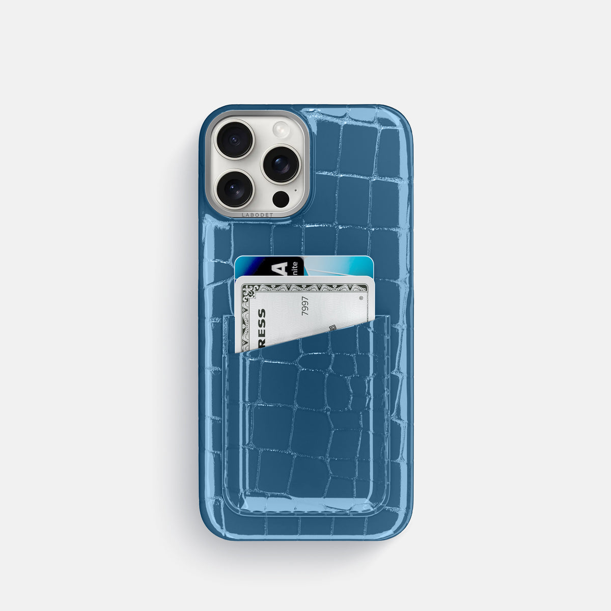 turqoise-blue iPhone 16 Pro Double Card Case Shiny Alligator with Steel Metal -1 | turqoise-blue-Steel