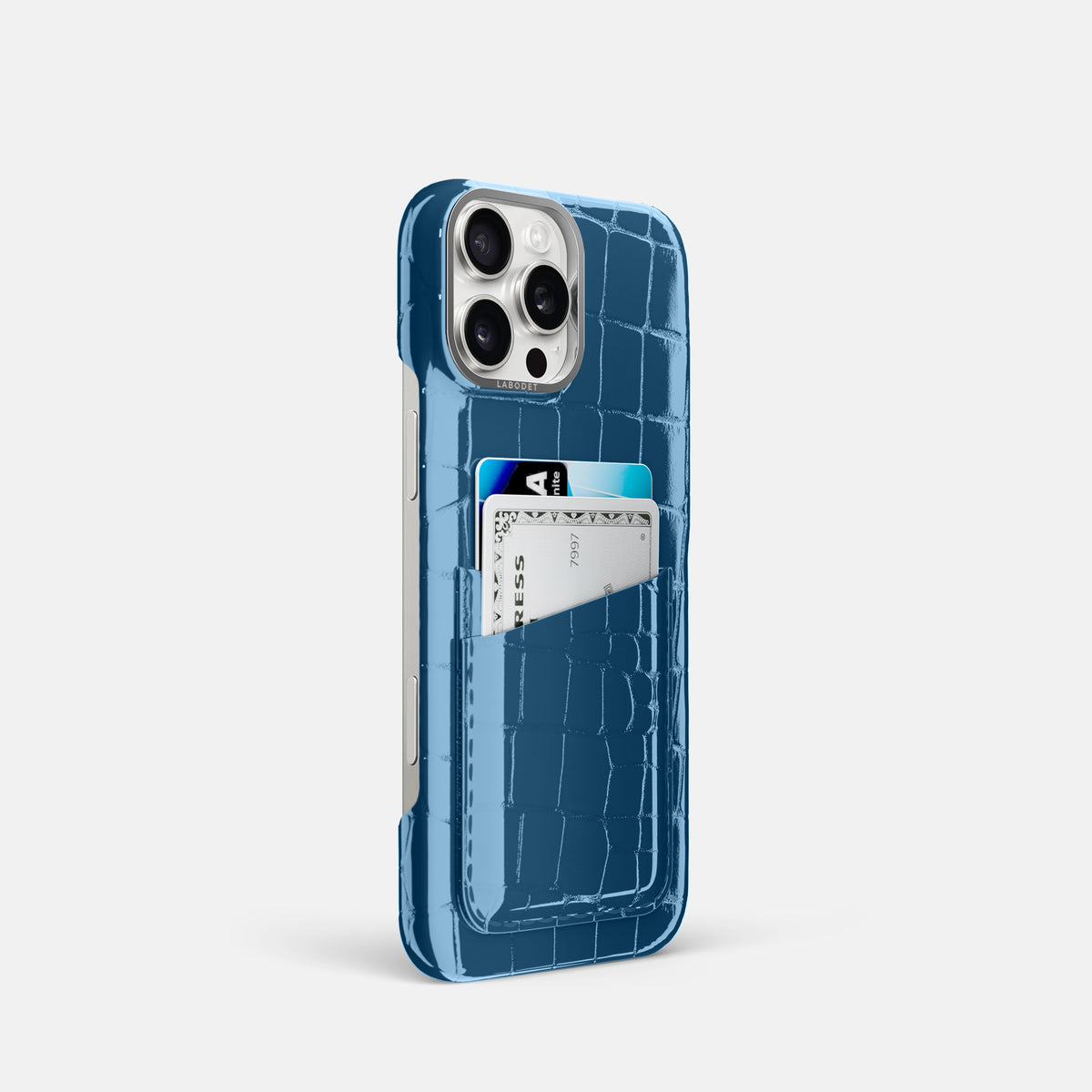 turqoise-blue iPhone 16 Pro Double Card Case Shiny Alligator with Steel Metal -2 | turqoise-blue-Steel