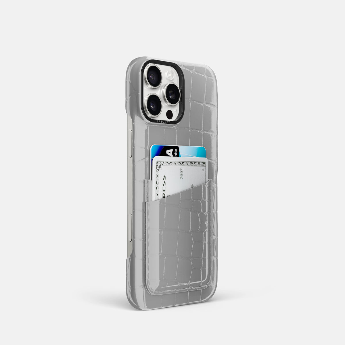 White iPhone 16 Pro Double Card Case Shiny Alligator with Black Metal -2 | White-Black