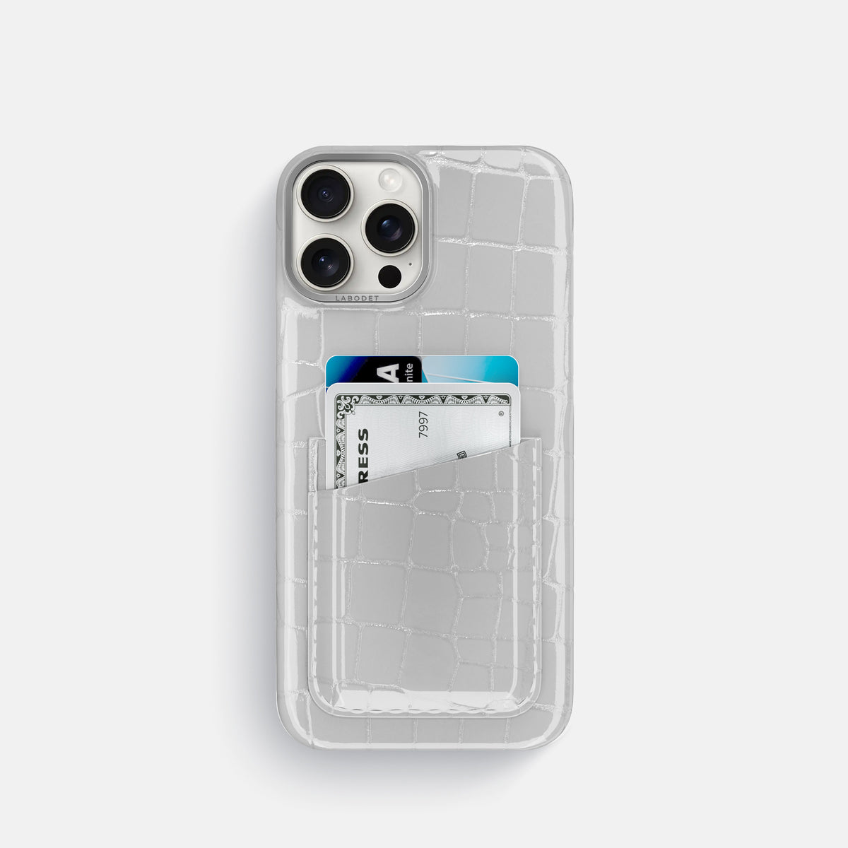 White iPhone 16 Pro Double Card Case Shiny Alligator with Steel Metal -1 | White-Steel