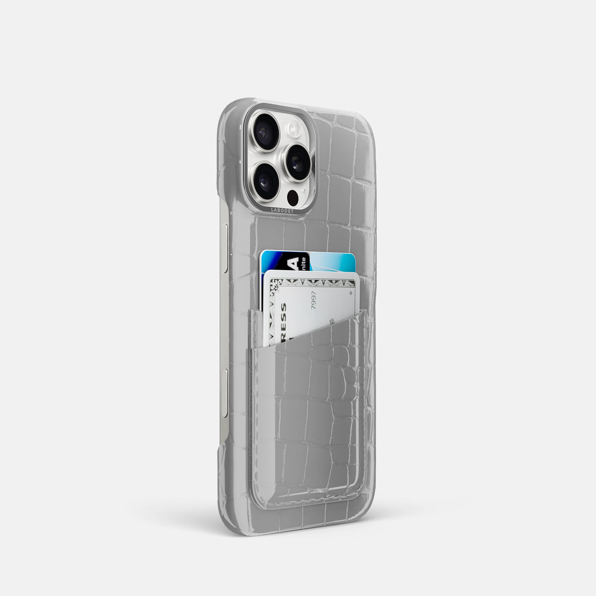 White iPhone 16 Pro Double Card Case Shiny Alligator with Steel Metal -2 | White-Steel