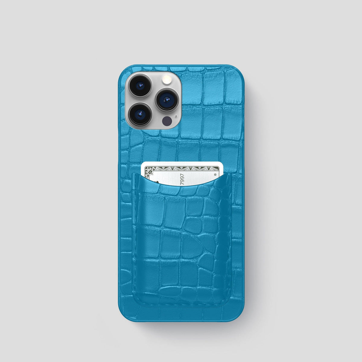 Curaçao-Blue iPhone 15 Pro Slim Card Case Alligator -1 | Curaçao-Blue