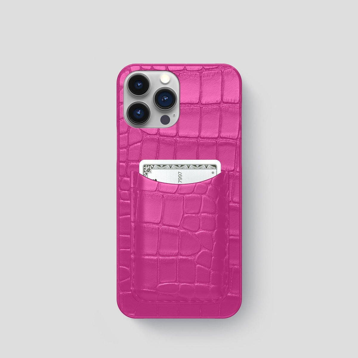Fuchsia iPhone 15 Pro Slim Card Case Alligator -1 | Fuchsia