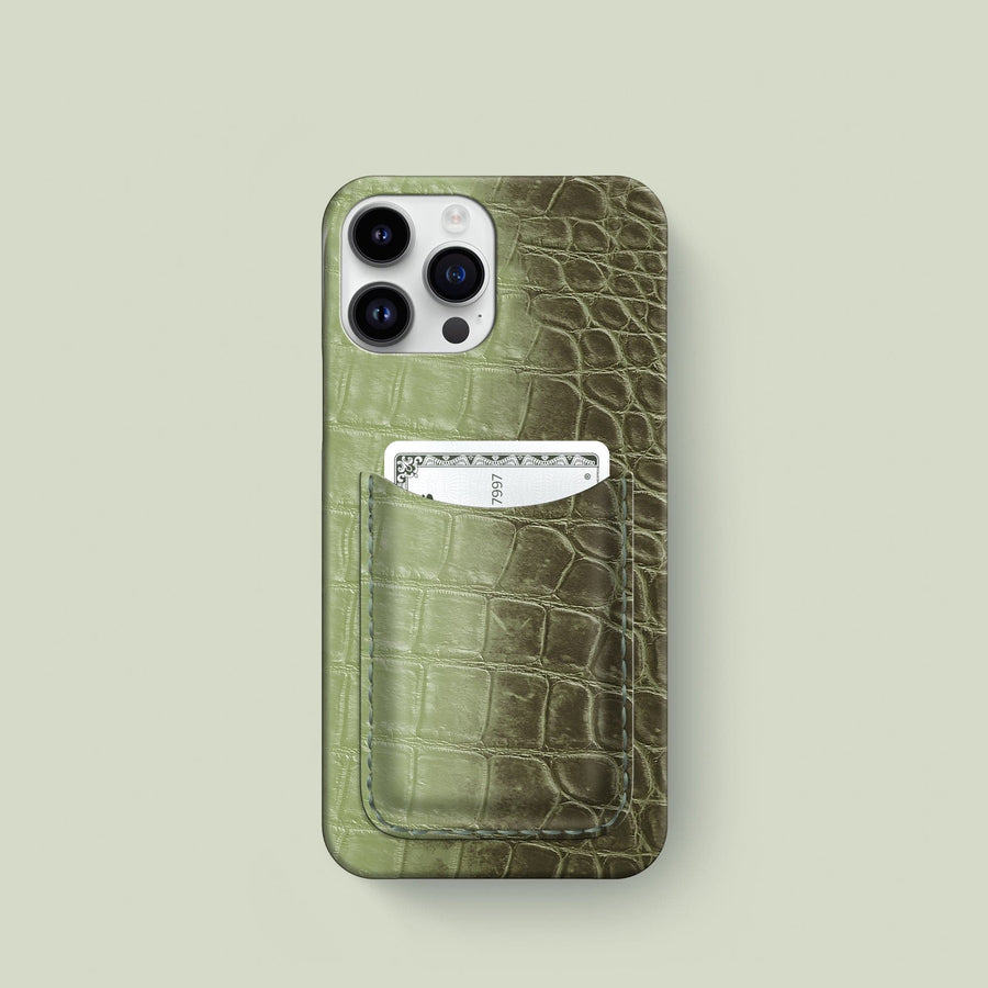 Slim Card Case Celadon Green For iPhone 15 Pro In Himalayan Crocodile