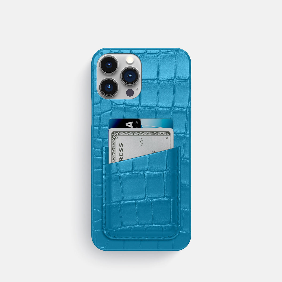Curaçao-Blue iPhone 16 Pro Slim Double Card Case Alligator -1 | Curaçao-Blue