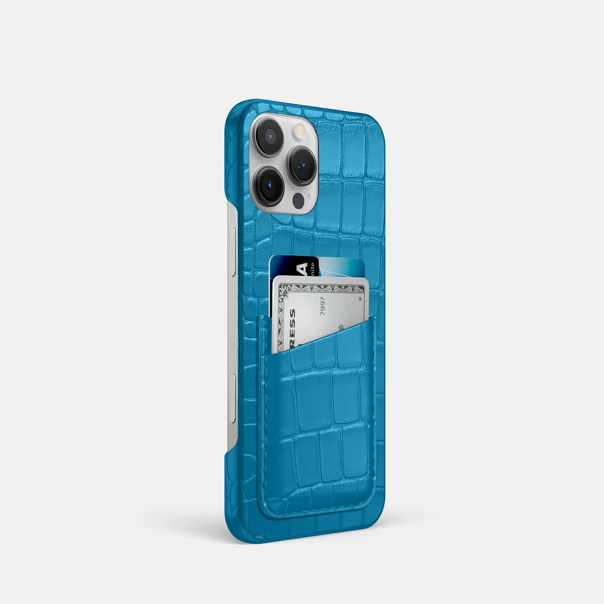 Curaçao-Blue iPhone 16 Pro Slim Double Card Case Alligator -2 | Curaçao-Blue