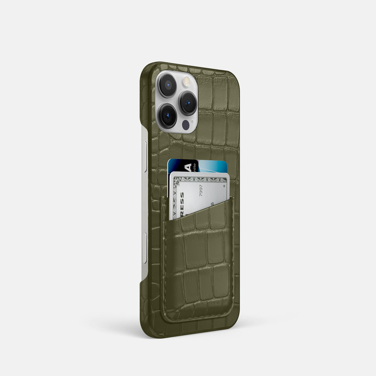 Kaki-Green iPhone 16 Pro Slim Double Card Case Alligator -2 | Kaki-Green