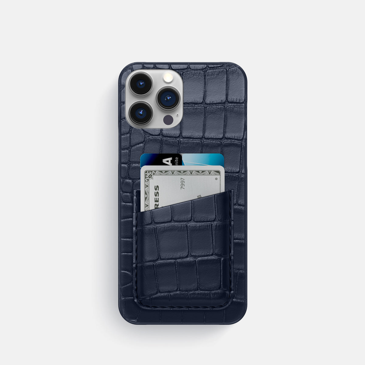 Navy Blue iPhone 16 Pro Slim Double Card Case Alligator -1 | Navy-Blue