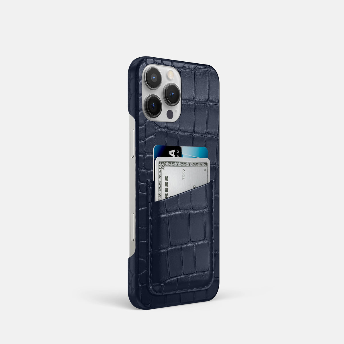Navy Blue iPhone 16 Pro Slim Double Card Case Alligator -2 | Navy-Blue