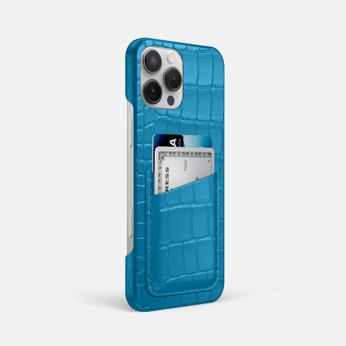 Curaçao-Blue iPhone 16 Pro Max Slim Double Card Case Alligator -2 | Curaçao-Blue