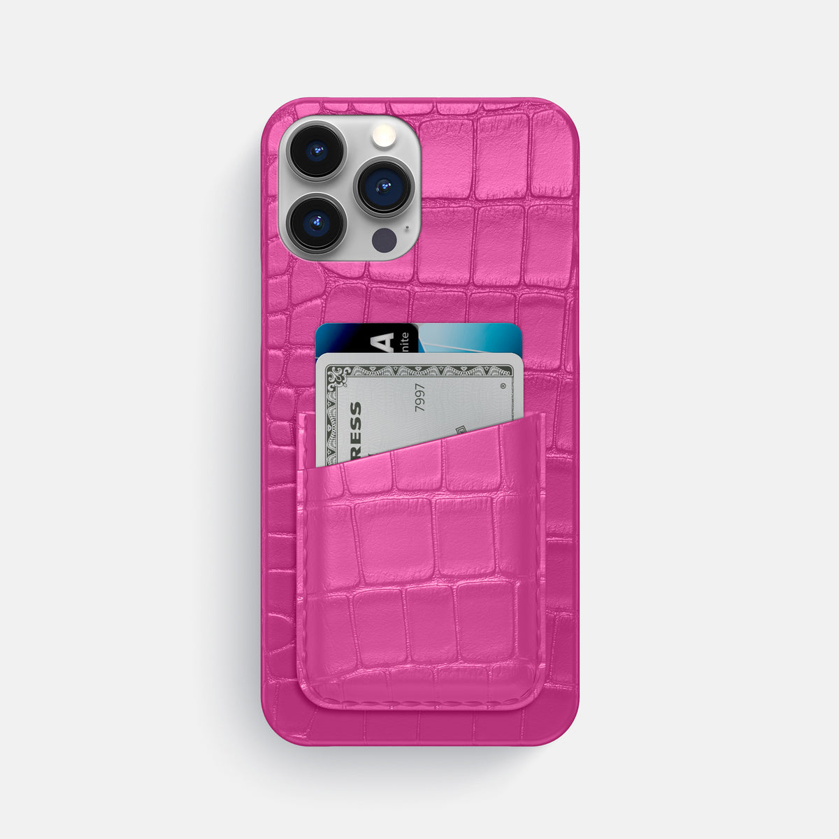 Fuchsia iPhone 16 Pro Max Slim Double Card Case Alligator -1 | Fuchsia