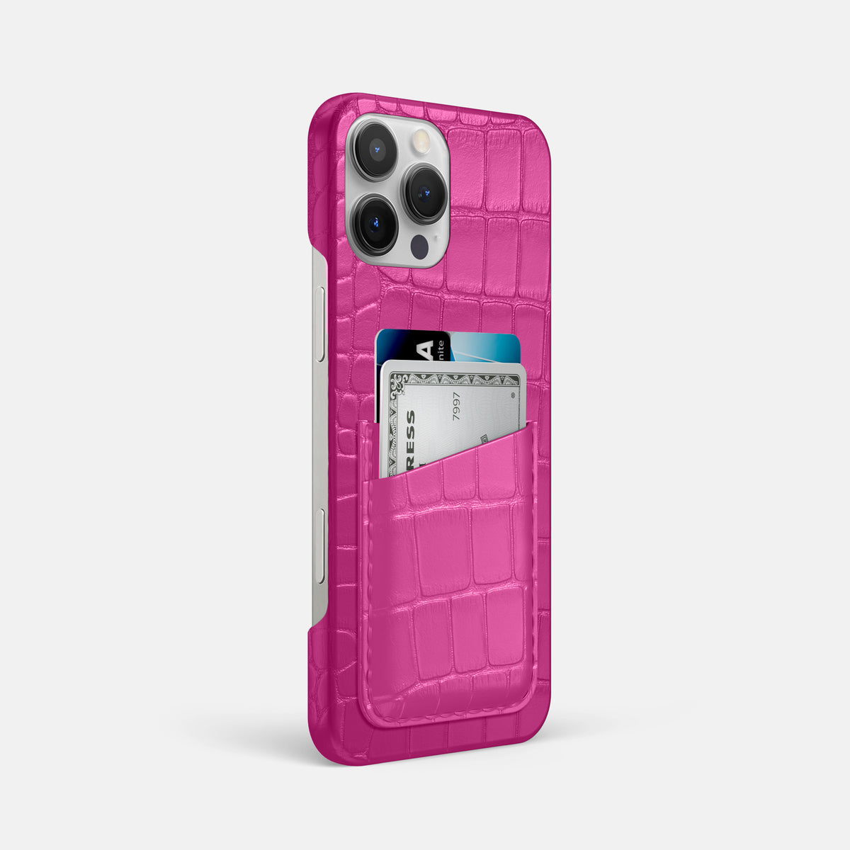 Fuchsia iPhone 16 Pro Max Slim Double Card Case Alligator -2 | Fuchsia