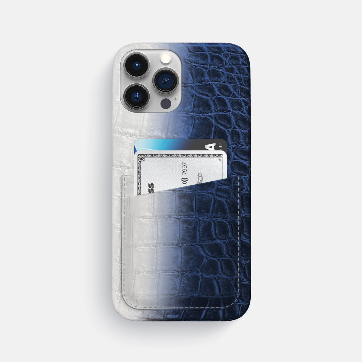 Navy Blue iPhone 16 Pro Max Slim Double Card Case In Himalayan Crocodile -1 | Navy-Blue