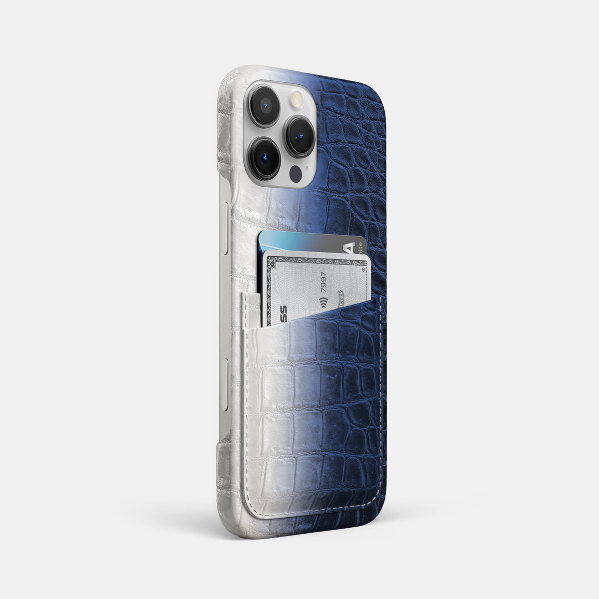 Navy Blue iPhone 16 Pro Max Slim Double Card Case In Himalayan Crocodile -2 | Navy-Blue