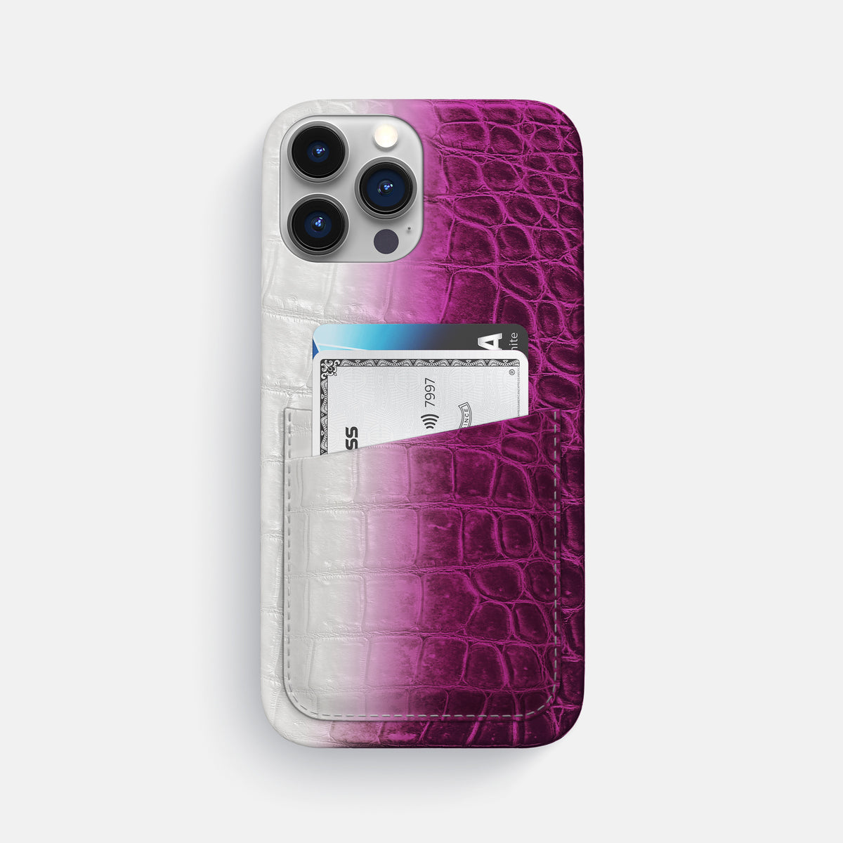 Fuchsia iPhone 16 Pro Max Slim Double Card Case In Himalayan Crocodile -1 | Fuchsia