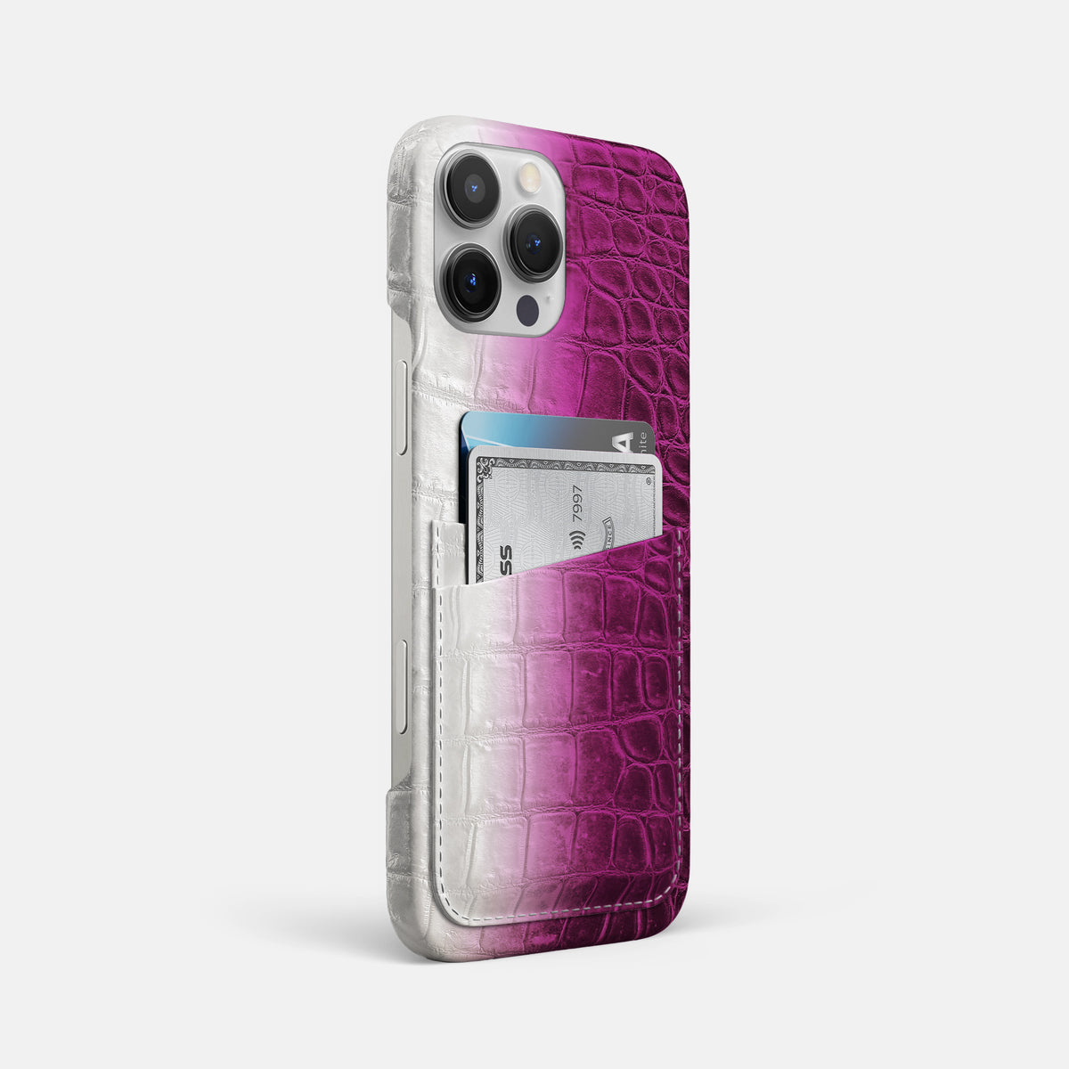 Fuchsia iPhone 16 Pro Max Slim Double Card Case In Himalayan Crocodile -2 | Fuchsia