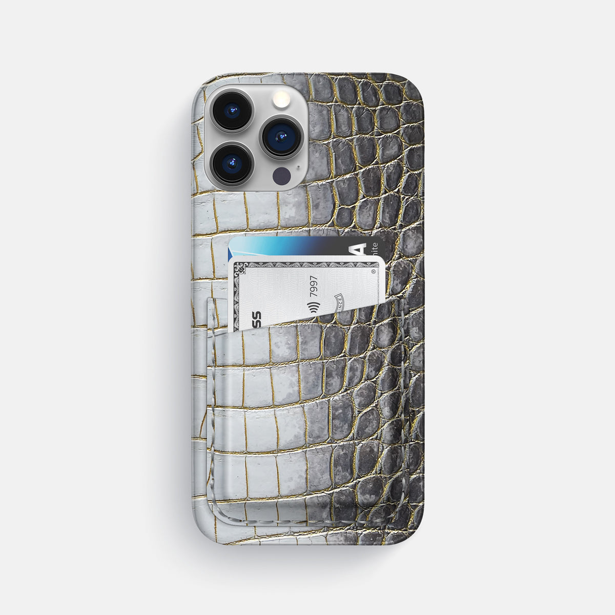 Gold iPhone 16 Pro Max Slim Double Card Case In Himalayan Crocodile -1 | Gold